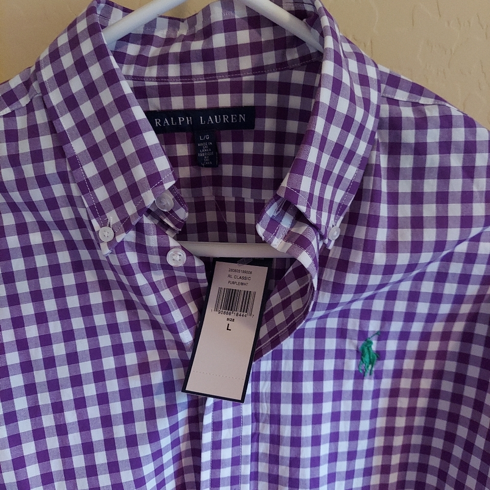 New Ralph Lauren Ladies Purple and White Oxford Shirt size Large. Never worn